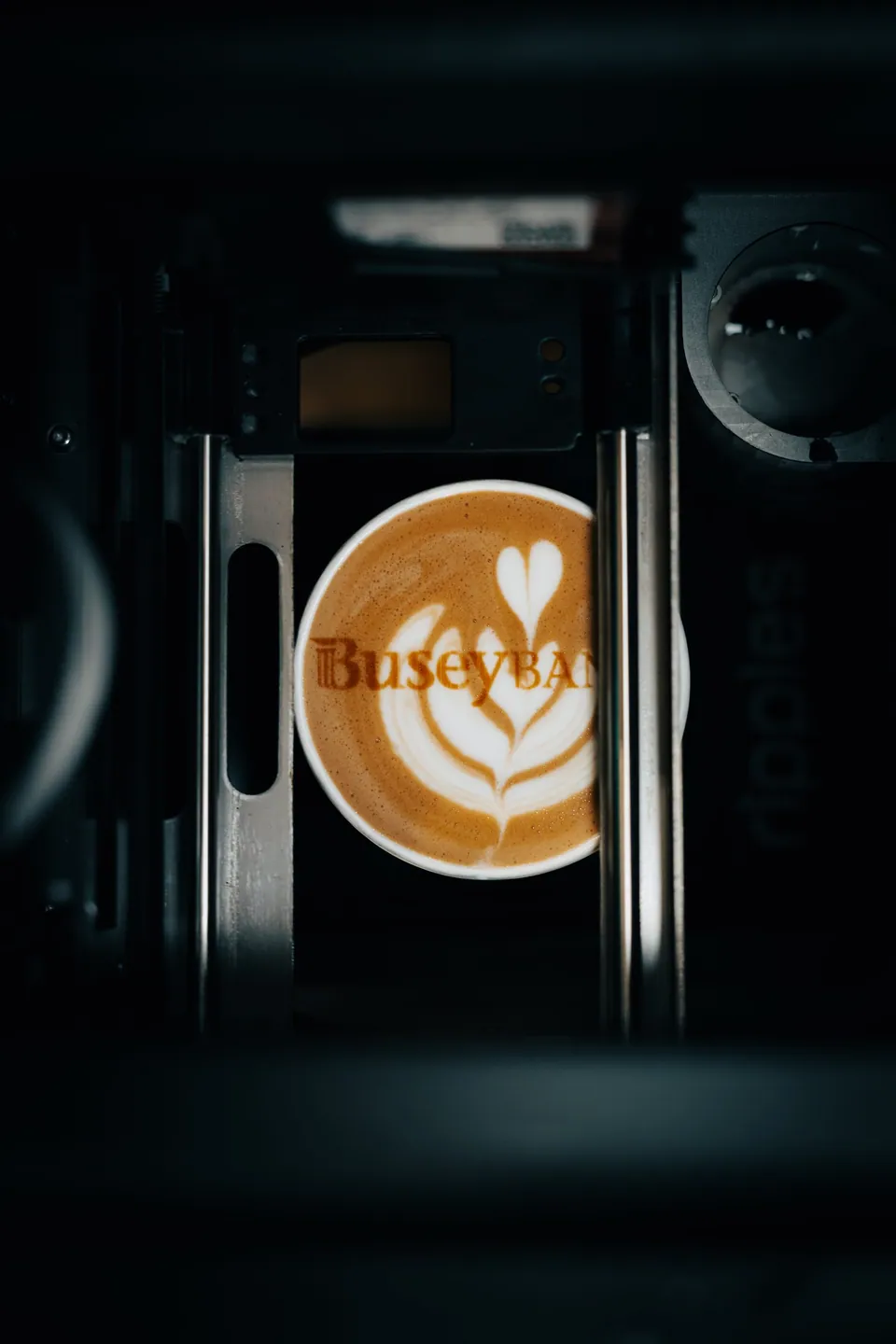 Busey Bank logo printed onto latte art by Phase 2 Coffee Co.