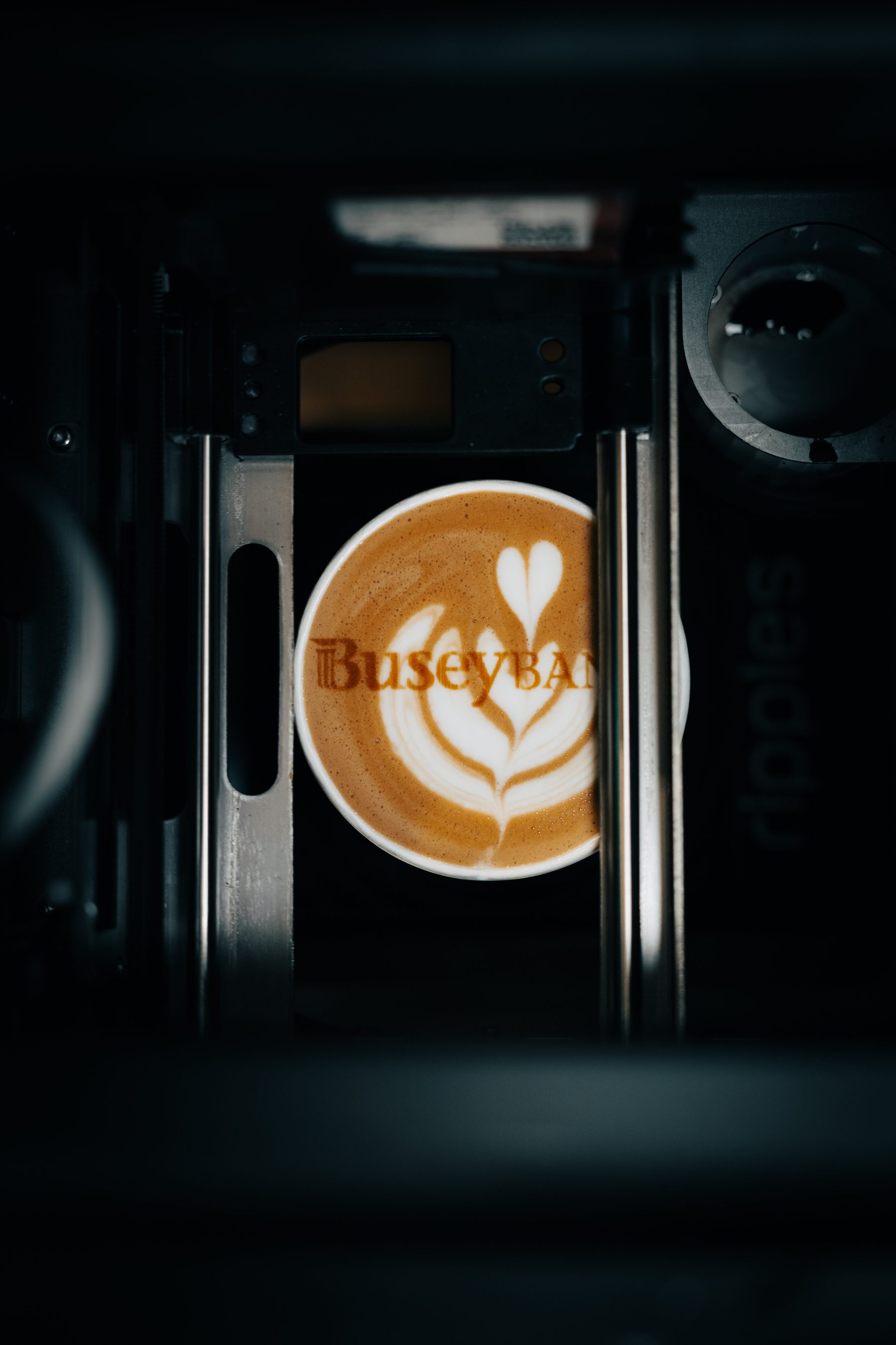 Busey Bank logo printed onto latte art by Phase 2 Coffee Co.
