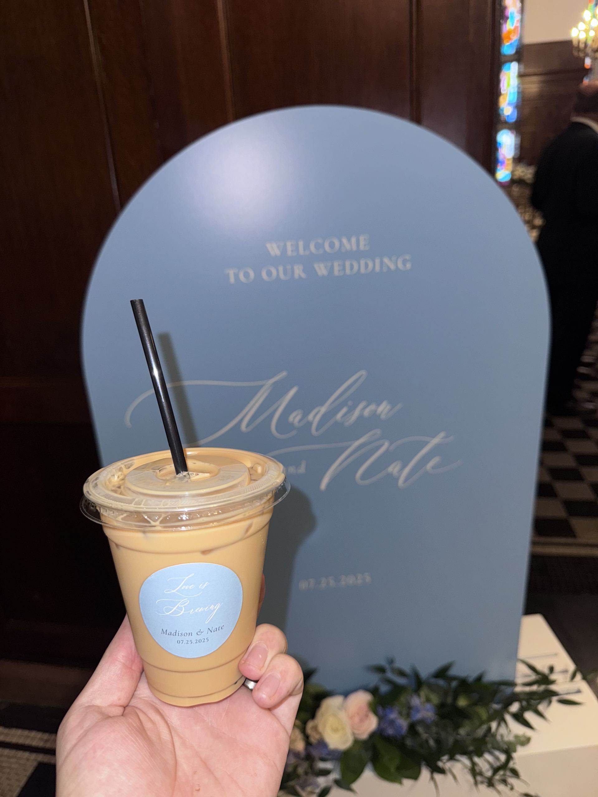 Custom wedding welcome sign at Phase 2 Coffee Co. espresso bar Kansas City wedding