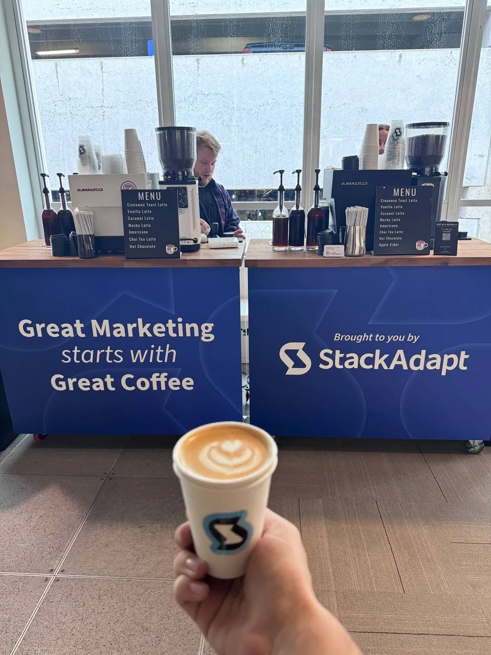 Phase 2 Coffee Co. two-cart setup at StackAdapt corporate event Kansas City