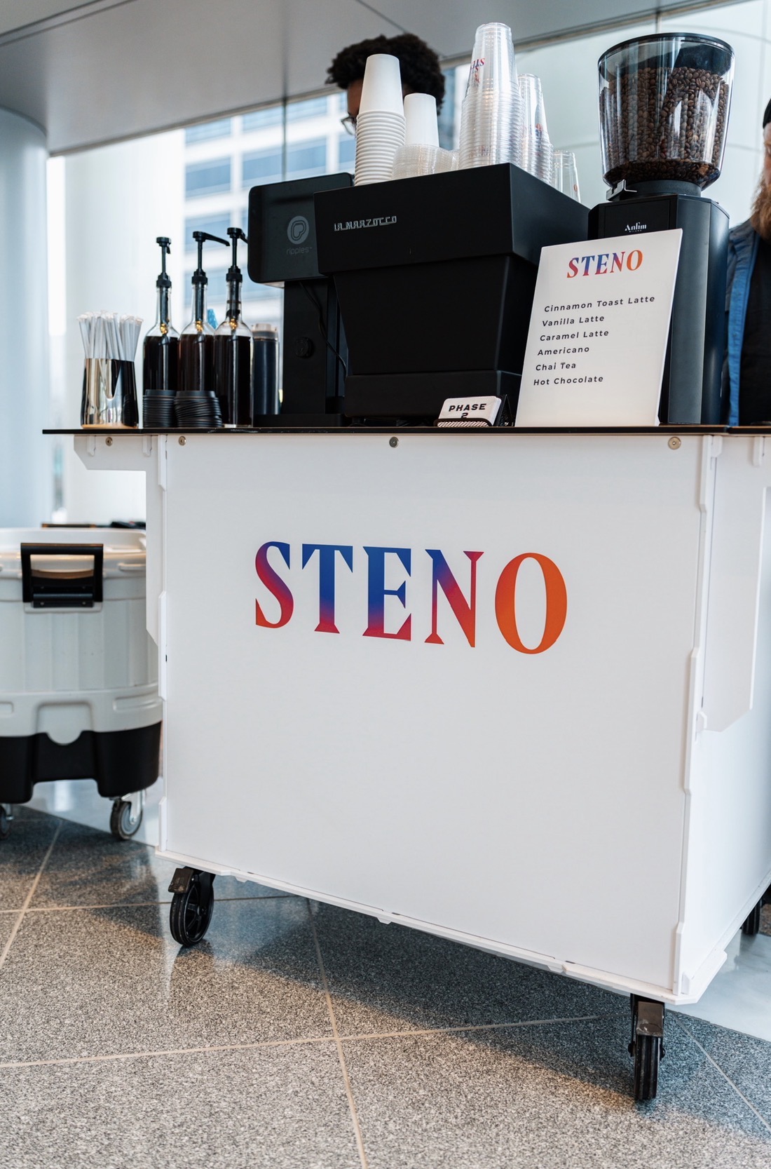 Phase 2 branded coffee cart at Steno brand activation Kansas City