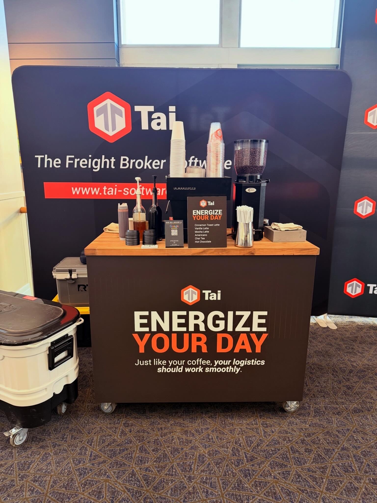 TAI Software branded coffee cart activation at Overland Park Convention Center