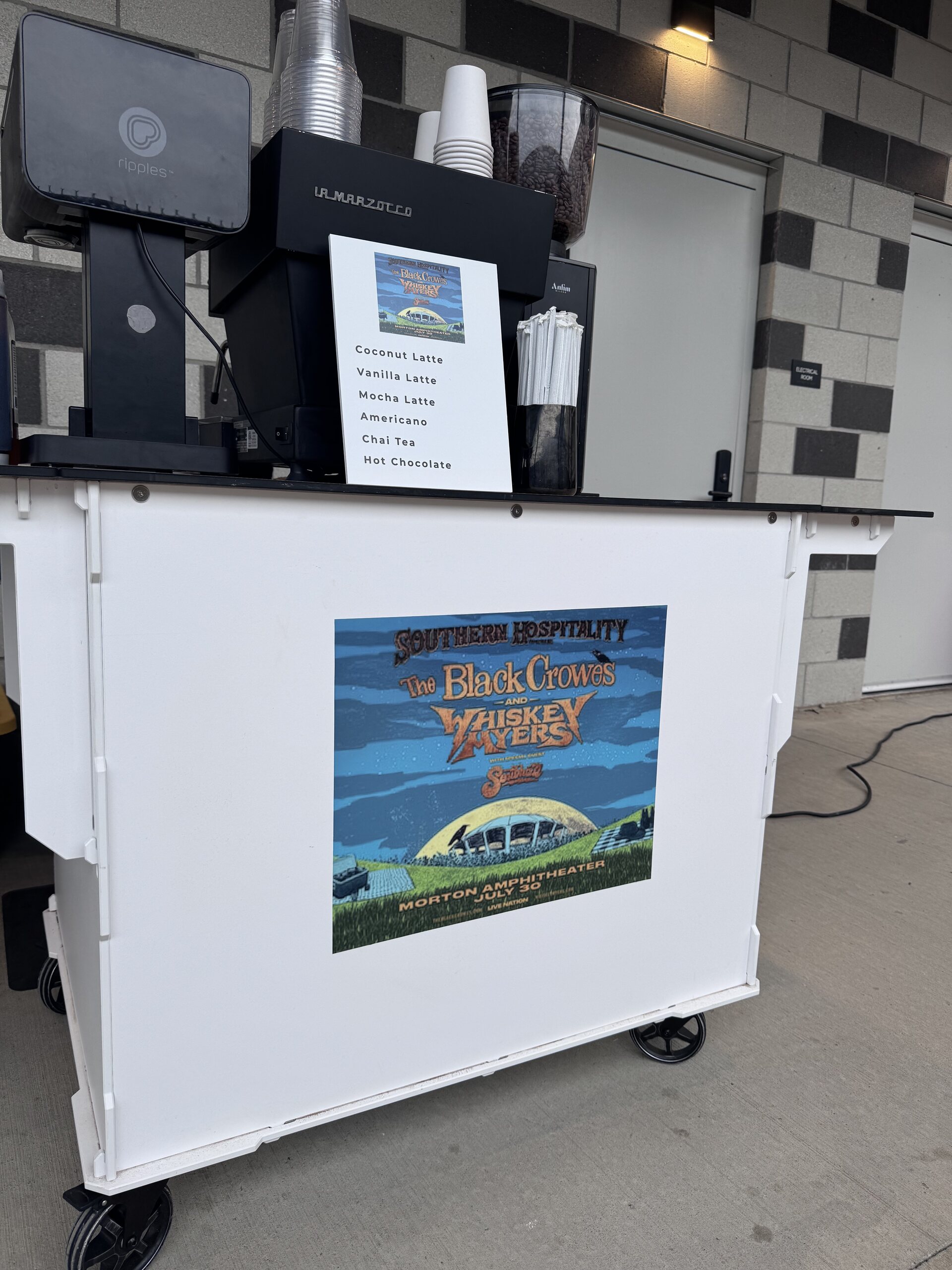 Black Crows and Whiskey Meyers concert activation coffee cart at Morton Amphitheater